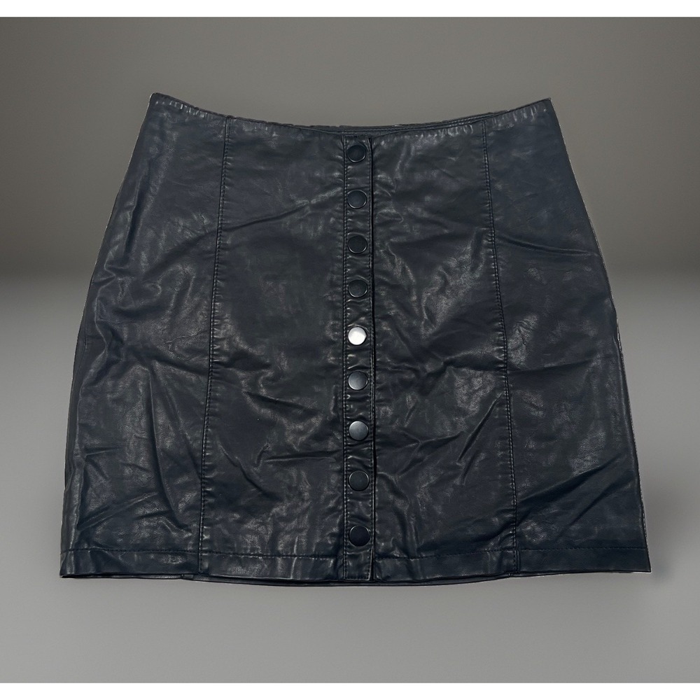 Free People Button Front Skirt Womens 10 Faux Leather Black *EUC